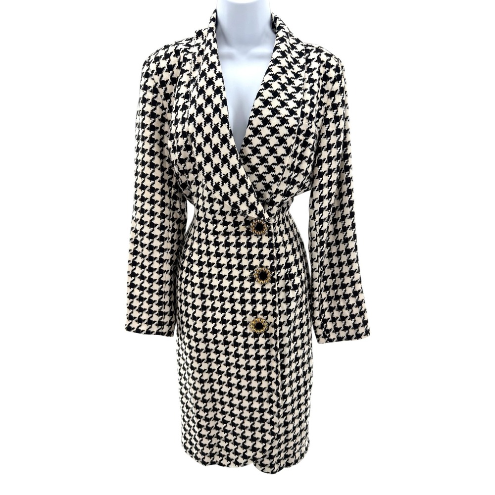 Vtg‎ Geary Roark Kamisato Houndstooth Dress Coat Jacket Metallic Gold Button 10